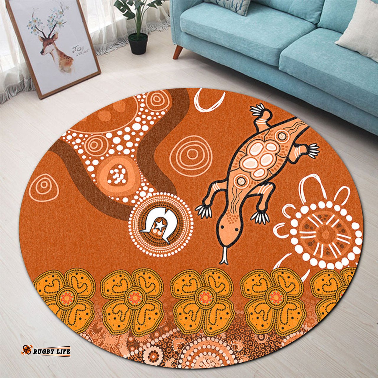 Amazing Aussie Australia Goanna Aboriginal Indigenous Dot Goanna (Orange) Round Rug