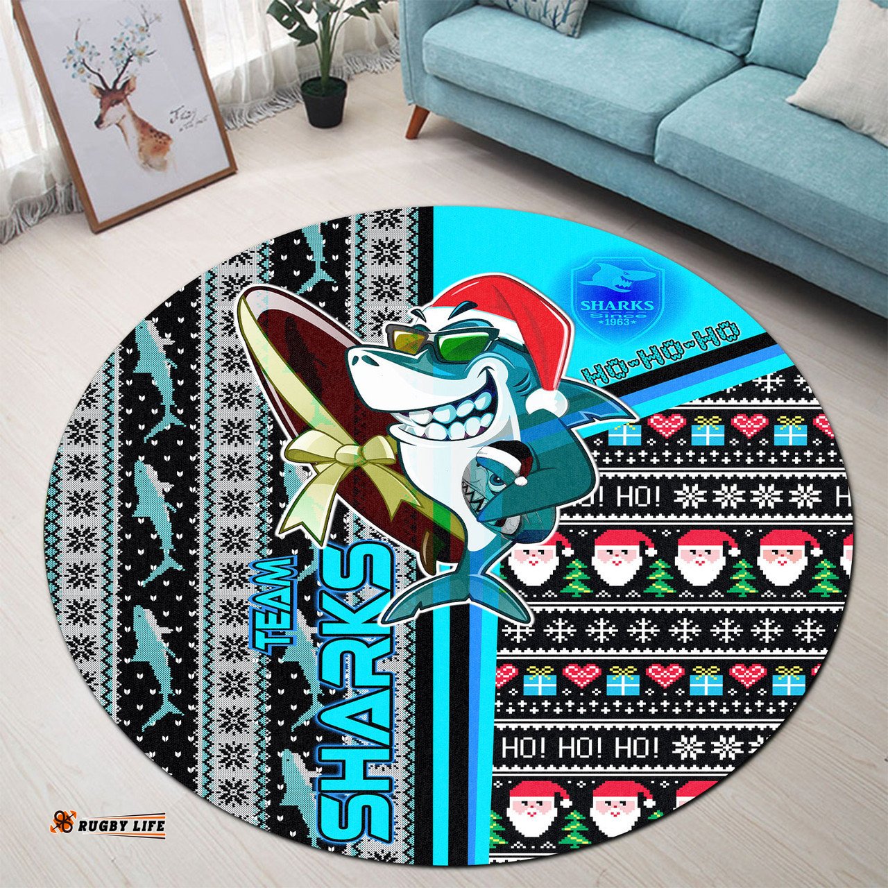 Amazing Aussie Cronulla Sutherland Sharks Christmas Custom Sharkies Surfrider Christmas With Snowflakes Ho Ho Ho Round Rug
