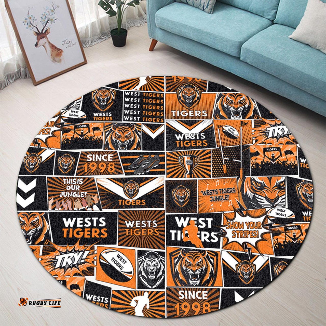Amazing Aussie Wests Tigers Team Of Us Die Hard Fan Supporters Comic Style Round Rug