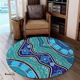 Amazing Aussie Australia Turtles Aboriginal River And Turtles Dot Art Painting Blue Round Rug
