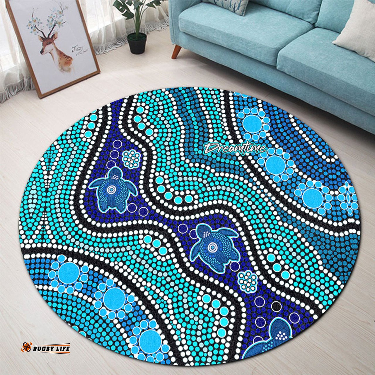 Amazing Aussie Australia Turtles Aboriginal River And Turtles Dot Art Painting Blue Round Rug
