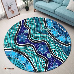 Amazing Aussie Australia Turtles Aboriginal River And Turtles Dot Art Painting Blue Round Rug