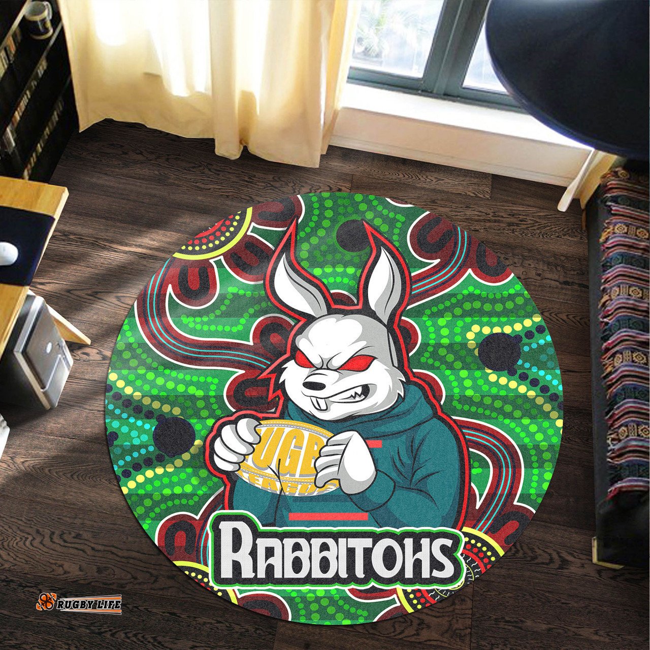 Amazing Aussie South Sydney Rabbitohs South Sydney Rabbitohs With Ball Aboriginal Inspired Style Of Dot Painting Patterns Custom Round Rug