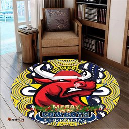 Amazing Aussie North Queensland Cowboys Christmas Custom Merry Christmas North Queensland Cowboys Dot Art Painting Footprints Round Rug