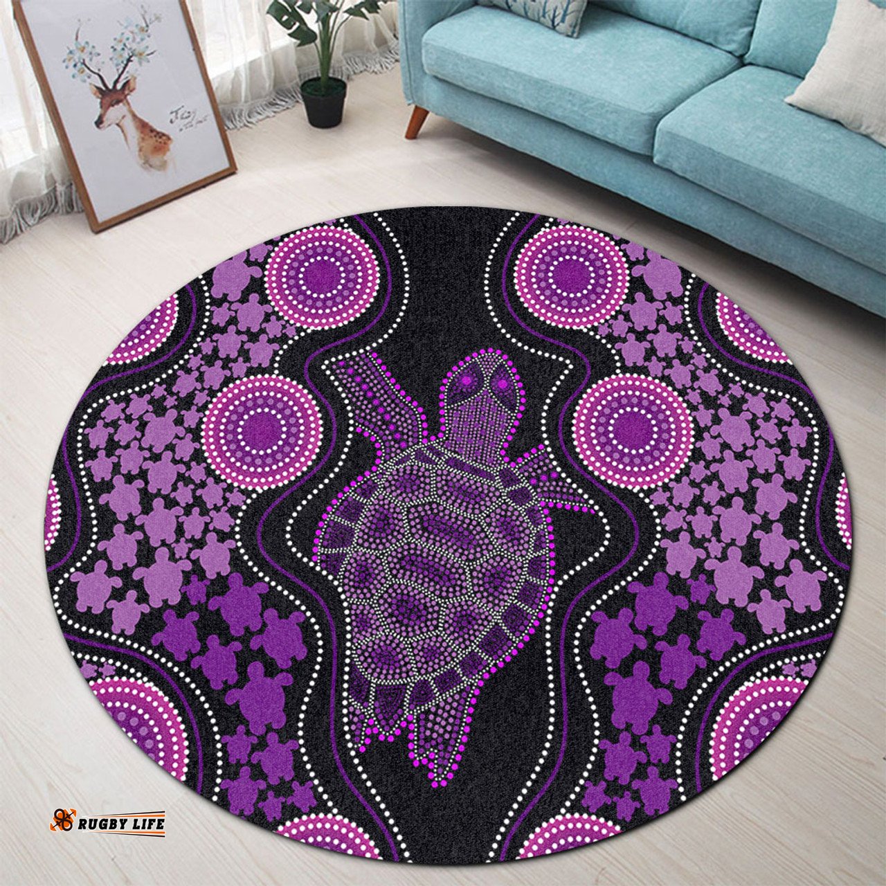 Amazing Aussie Australia Aboriginal Art Turtles Inspired Purple Round Rug