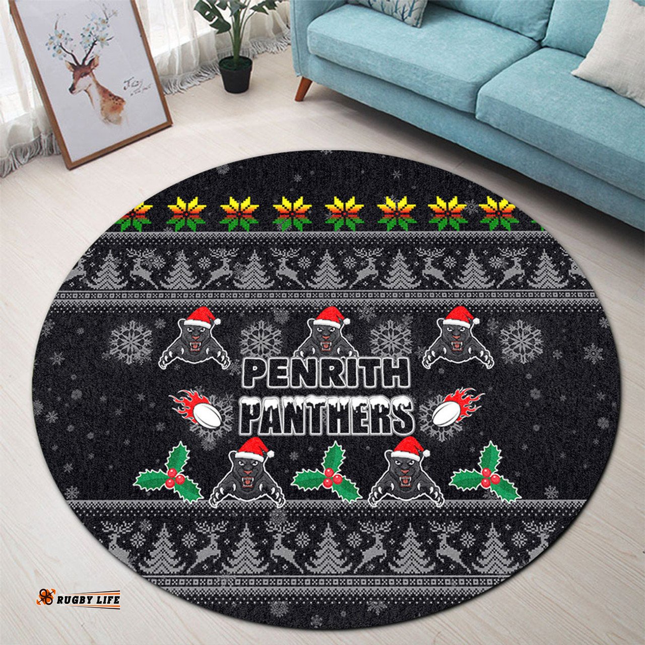 Amazing Aussie Penrith Panthers Christmas Penrith Panthers Special Ugly Christmas Round Rug