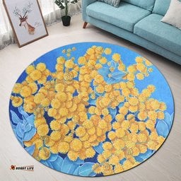 Amazing Aussie Australia Golden Wattle Golden Wattle Blue Background Oil Painting Art Round Rug