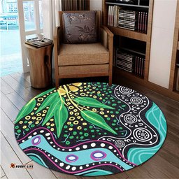 Amazing Aussie Australia Wattle Leaves Aboriginal Dot Art And Wattle Leaves Round Rug