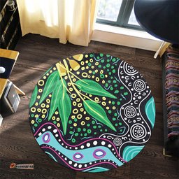Amazing Aussie Australia Wattle Leaves Aboriginal Dot Art And Wattle Leaves Round Rug