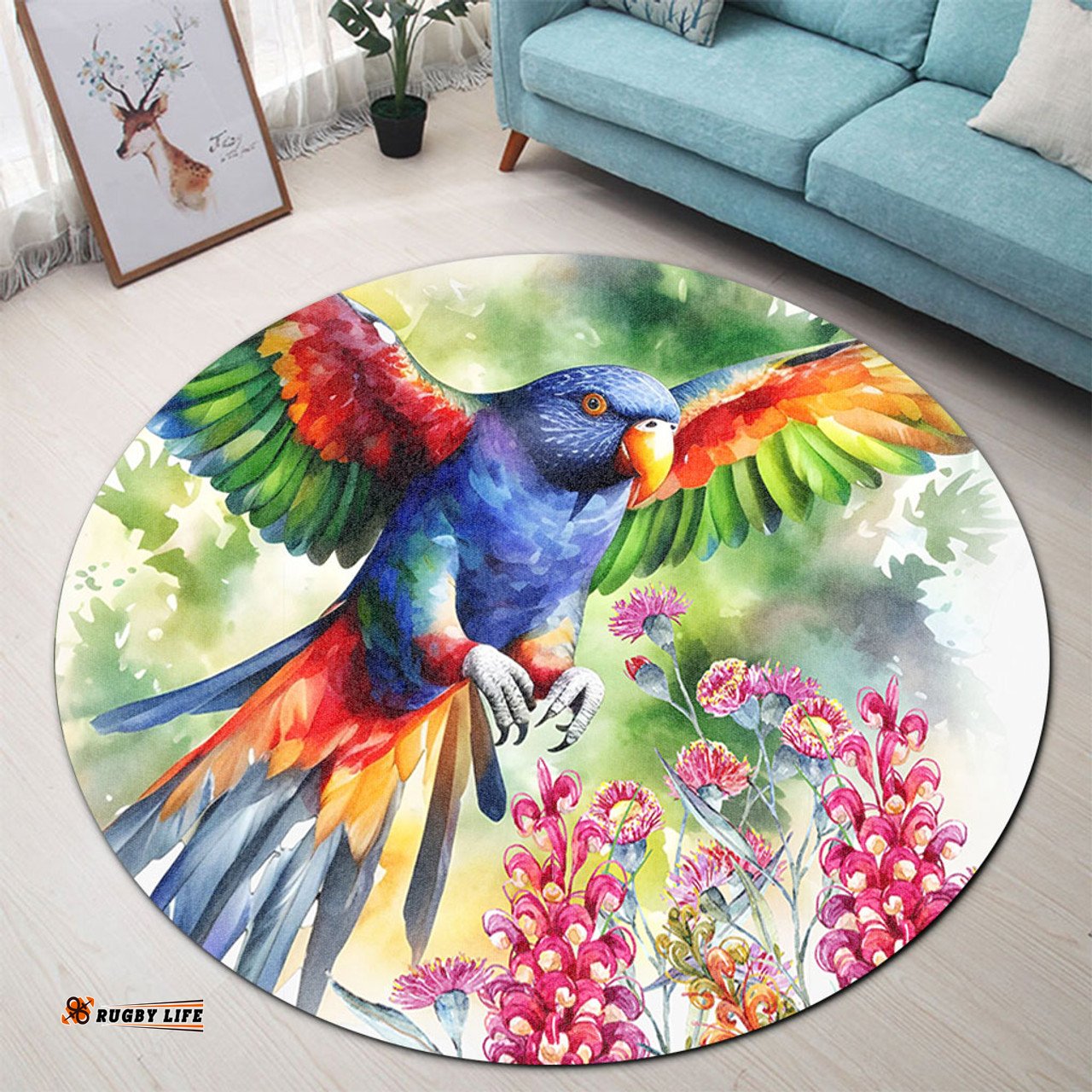 Amazing Aussie Australia Rainbow Lorikeets Rainbow Lorikeets Flying With Grevillea Flowers Art Round Rug