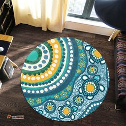 Amazing Aussie Australia Aboriginal Turquoise Aboriginal Dot Art With Turtle  Round Rug