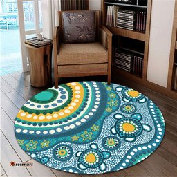 Amazing Aussie Australia Aboriginal Turquoise Aboriginal Dot Art With Turtle  Round Rug