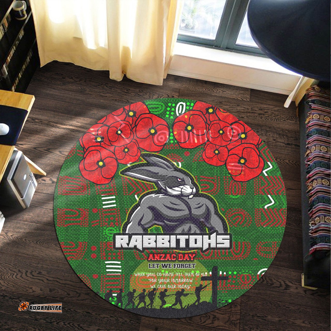 Amazing Aussie Australia Rabbitohs Aboriginal Inspired South Sydney Australia Rabbitohs Anzac '' Let We Forget '' With Poppy Flower Round Rug