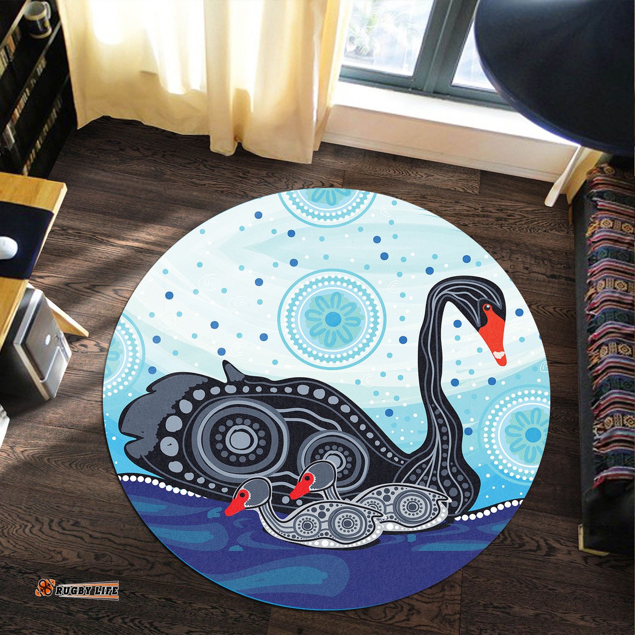 Amazing Aussie Australia Aboriginal Inspired Mother and Baby Swan Aboriginal Inspired art painting Round Rug