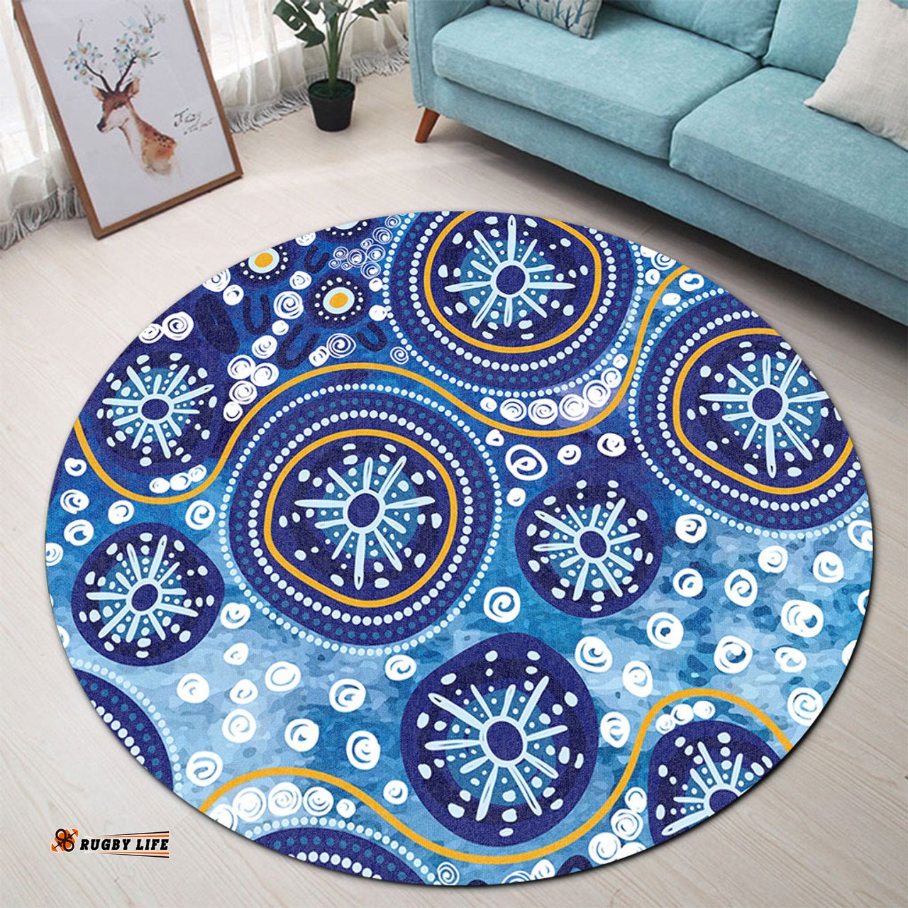 Amazing Aussie Australia Blue Background With Traditional Aboriginal Dot Decoration Round Rug