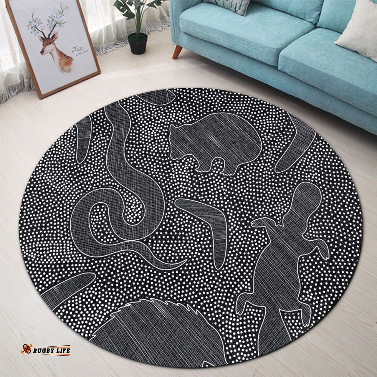 Amazing Aussie Australia Dot Painting Inspired Aboriginal Aboriginal Dot Grey Art With Animals Round Rug