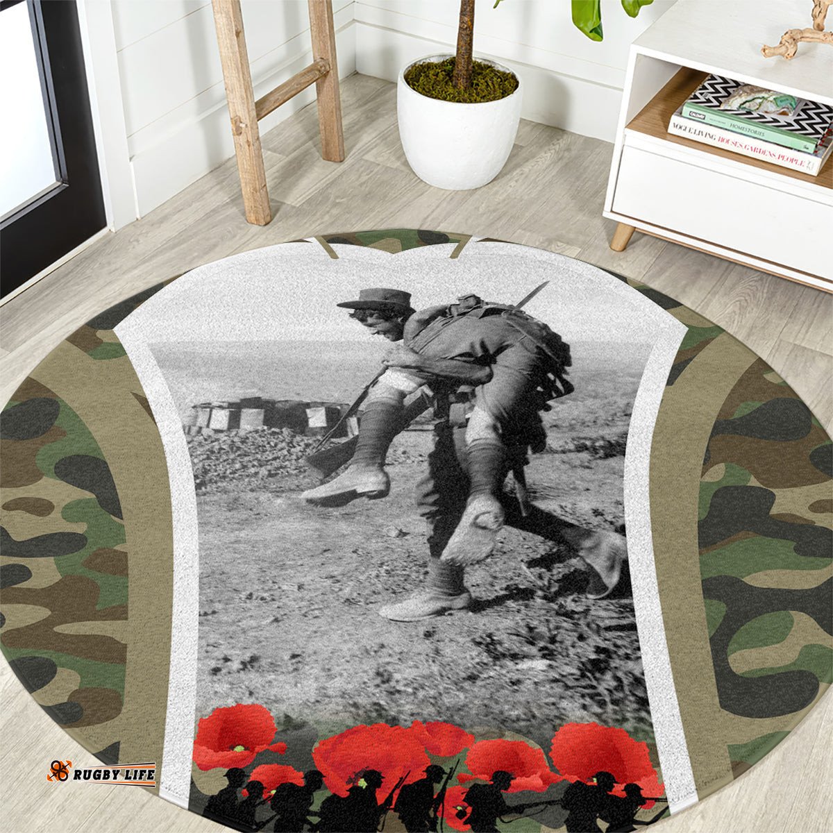 New Zealand and Australia ANZAC Day Round Carpet Koala and Kiwi Bird Soldier Gallipoli Camouflage Style LT03