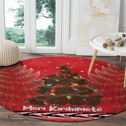 Kiwi New Zealand Christmas Round Carpet Meri Kirihimete Silver Fern Red Color