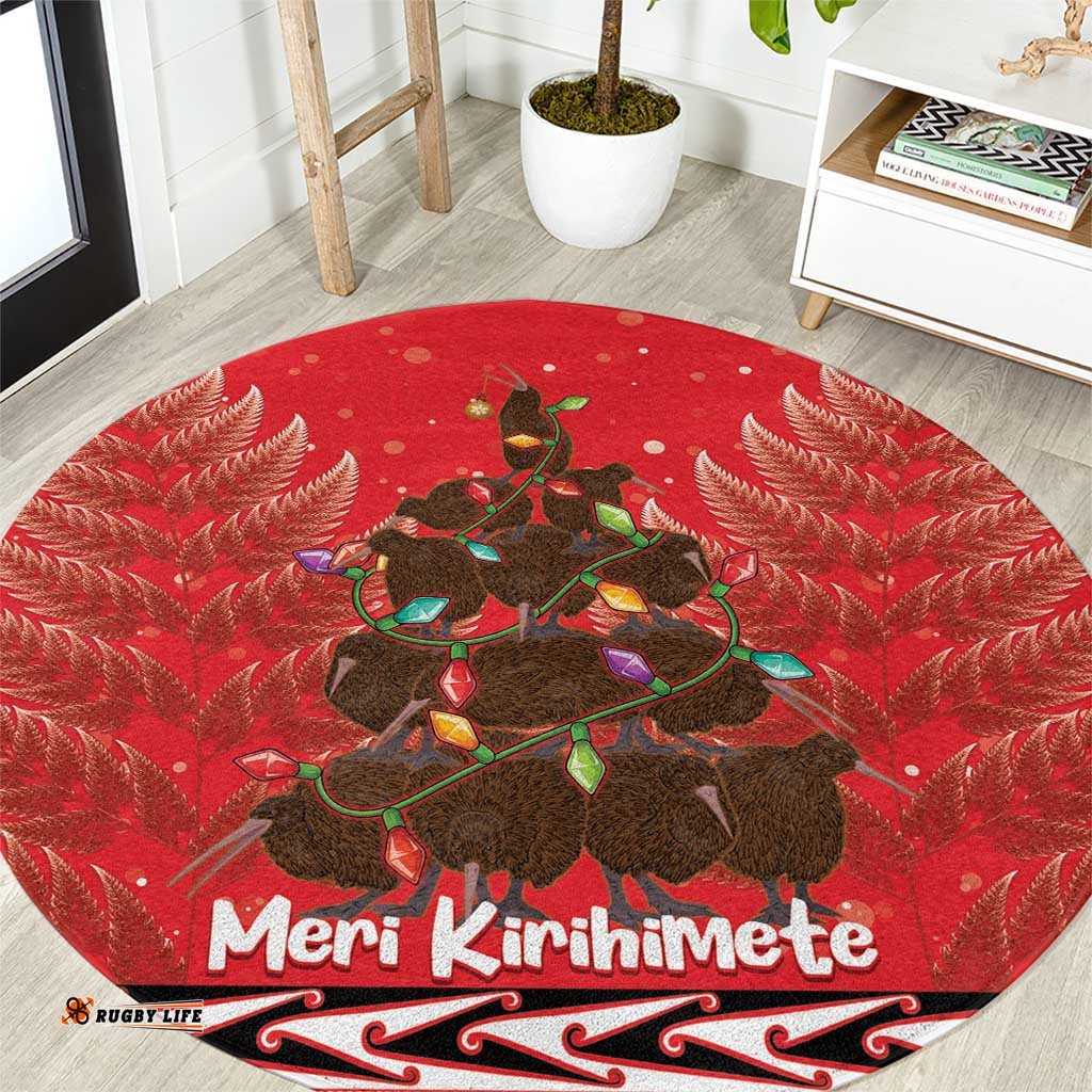 Kiwi New Zealand Christmas Round Carpet Meri Kirihimete Silver Fern Red Color