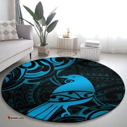 New Zealand Tui Bird Round Carpet Aotearoa Maori Pattern Blue