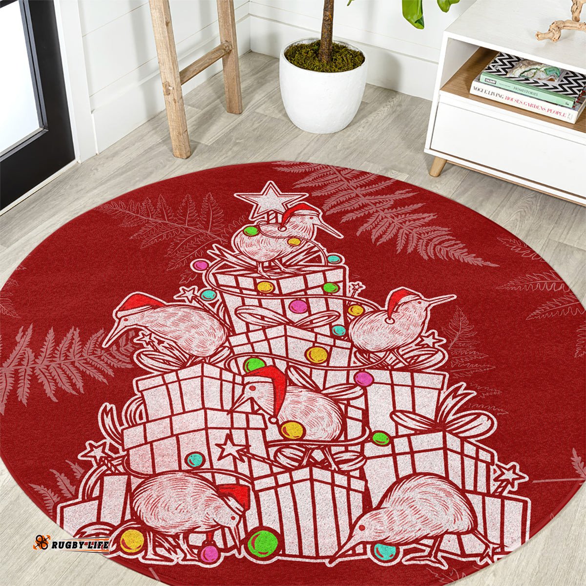 New Zealand Christmas Round Carpet Silver Fern Mix Kiwi Bird Ver02