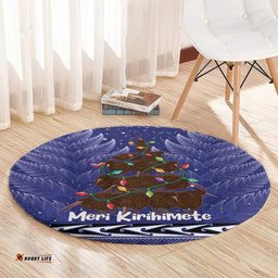 Kiwi New Zealand Christmas Round Carpet Meri Kirihimete Silver Fern Blue Color