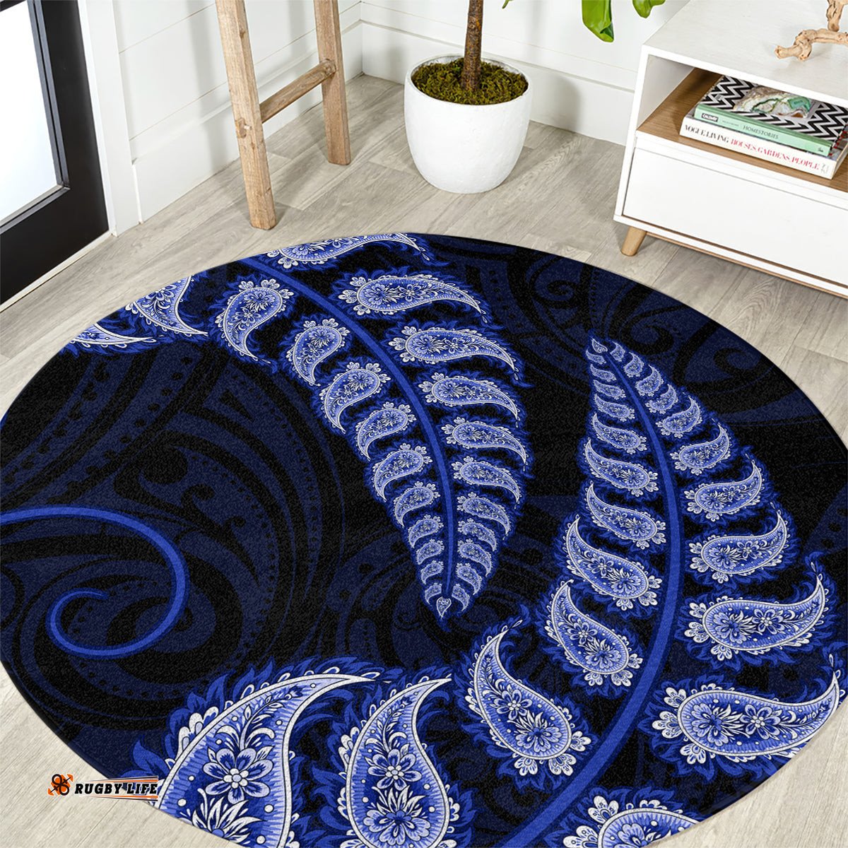 Blue New Zealand Paisley Silver Fern Round Carpet Aotearoa Maori