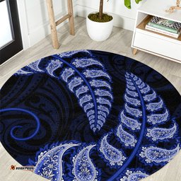 Blue New Zealand Paisley Silver Fern Round Carpet Aotearoa Maori