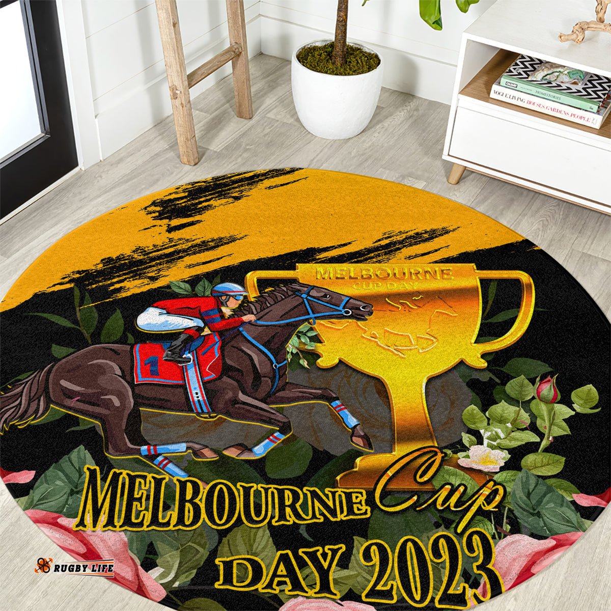 Personalised Australia Melbourne Cup Day Round Carpet 2023 Horse Racing Trophy With Roses