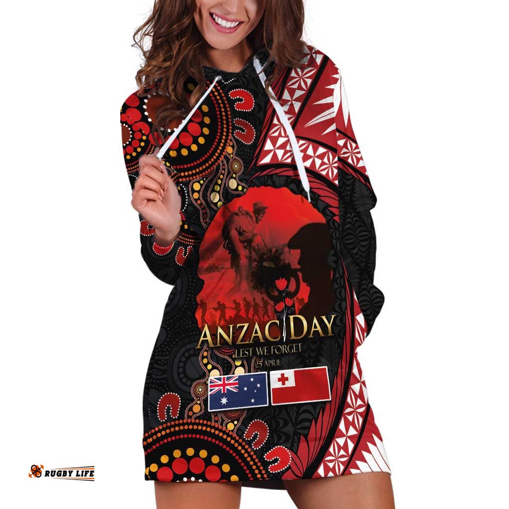 Tonga and Australia ANZAC Day Hoodie Dress Aboriginal and Ngatu Art Pattern - Gallipoli Lest We Forget