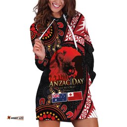 Tonga and Australia ANZAC Day Hoodie Dress Aboriginal and Ngatu Art Pattern - Gallipoli Lest We Forget