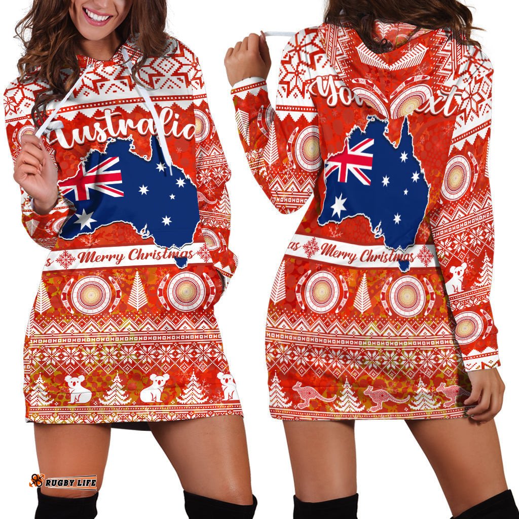 Custom Personalised Australia Hoodie Dress Australian Map Aboriginal Painting Merry Christmas