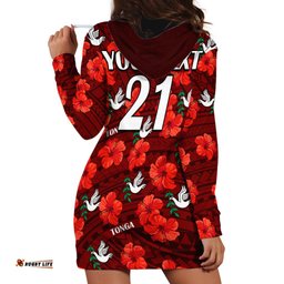 Custom Text And Number Tonga Rugby Hoodie Dress Polynesian Style With Hibiscus