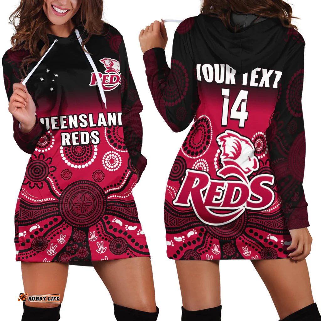 Custom Text And Number Queensland Reds Rugby Hoodie Dress Gradient Aboriginal