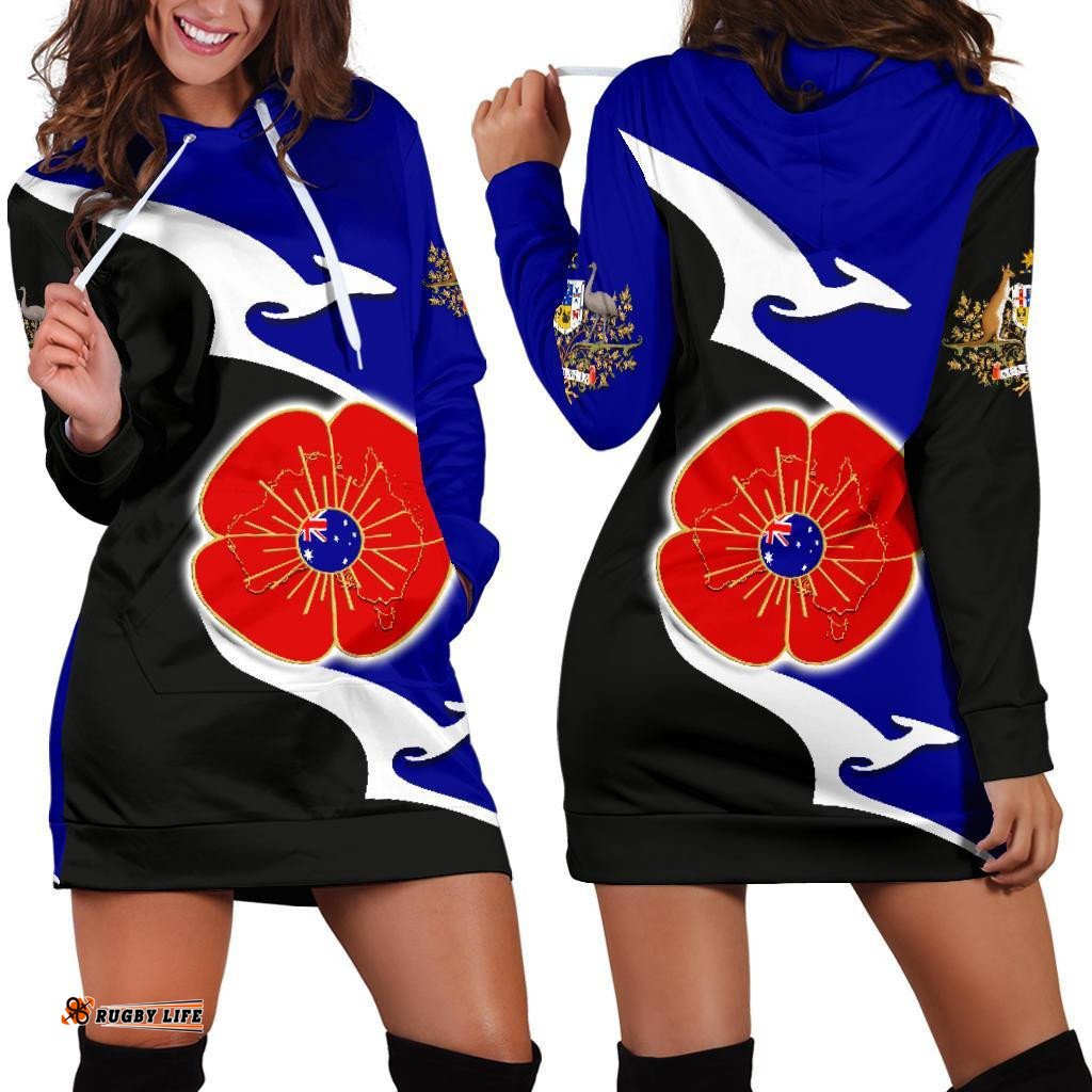 Anzac Hoodie Dress Lest We Forget Poppy Map Kangaroo Blue