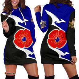 Anzac Hoodie Dress Lest We Forget Poppy Map Kangaroo Blue