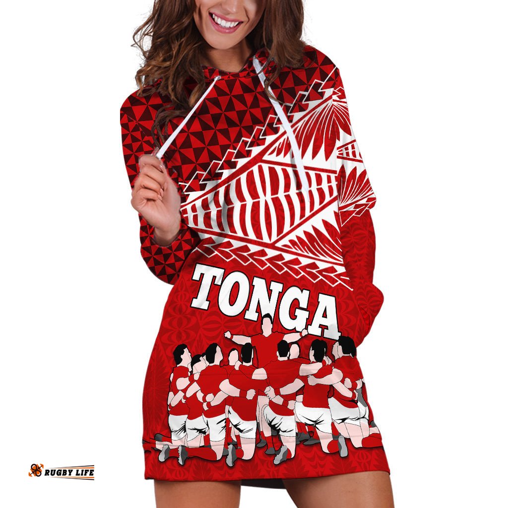 Personalised Tonga Rugby Hoodie Dress Sipi Tau Dance Ngatu Pattern