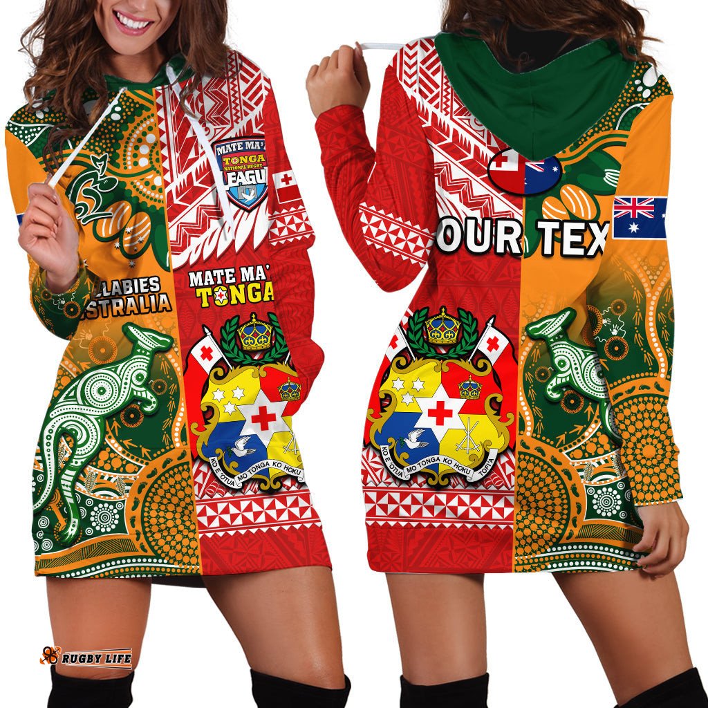 Custom Personalised Mate Maa Tonga And Wallabies Rugby Hoodie Dress Polynesian Mix Aboriginal