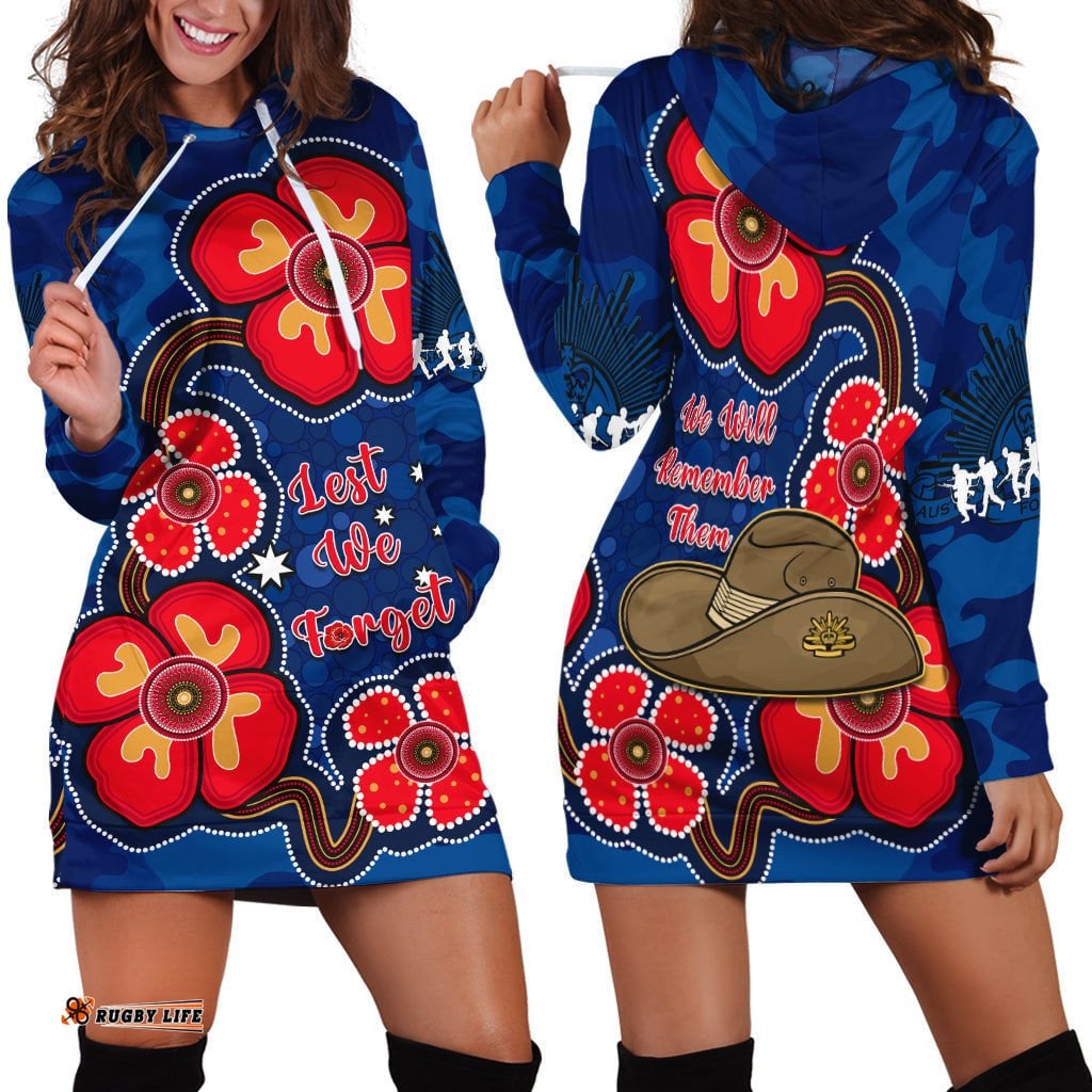 Australia ANZAC Hoodie Dress Lest We Forget Camouflage Mix Aboriginal Poppies And Slouch Hat
