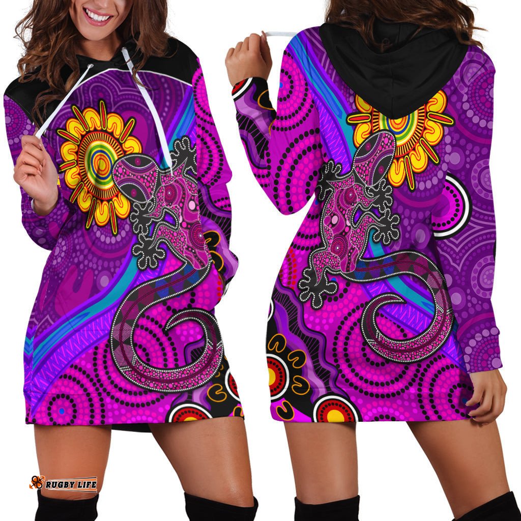 Australia Lizard and Sun Hoodie Dress Aboriginal Art Purple