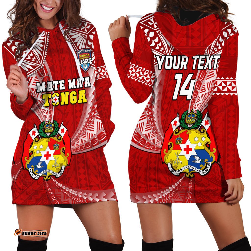 Custom Text And Number Tonga Rugby Hoodie Dress Mate Maa Tonga Pacific Tongan Ngatu