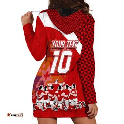 Personalised Tonga Rugby Hoodie Dress Sipi Tau Dance Coat of Arms Ngatu Pattern