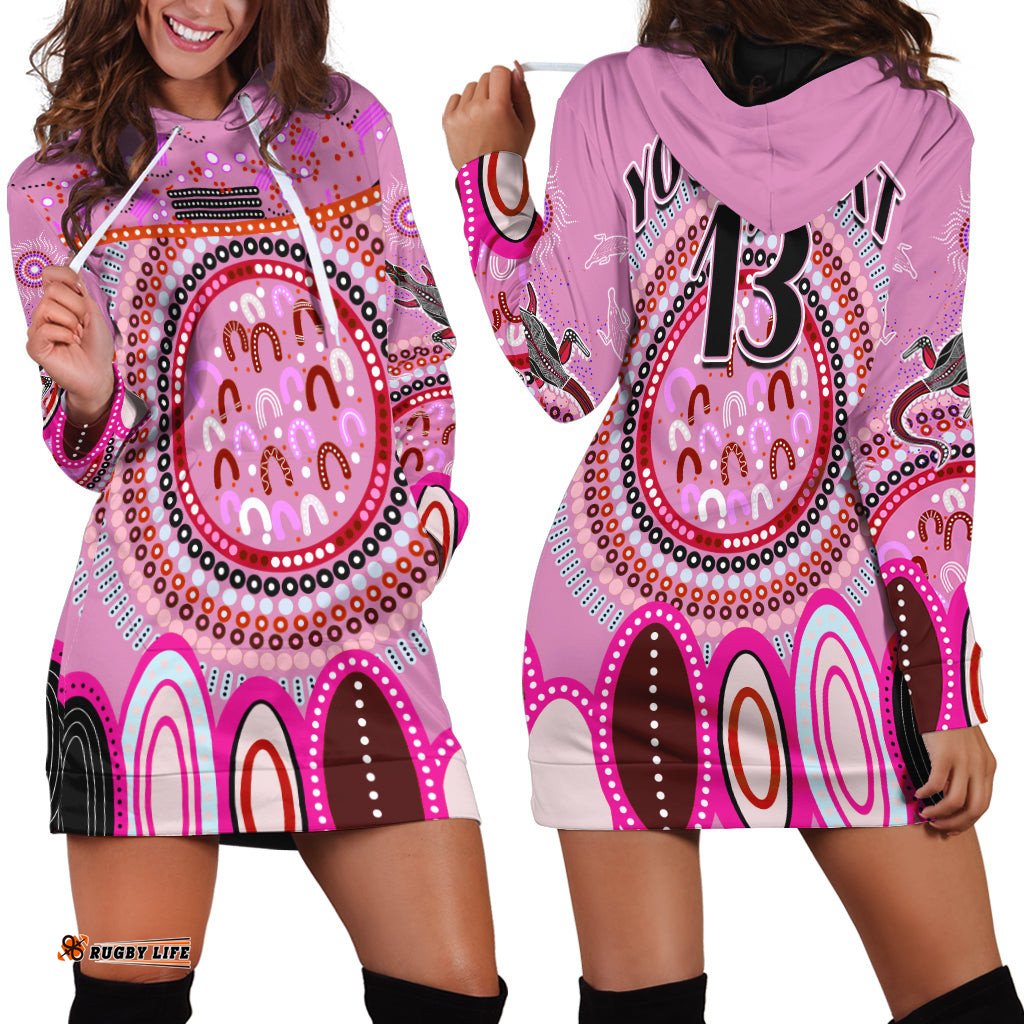 Custom Text and Number Aboriginal Stand Up Hoodie Dress Circle Dot with Lizard Version Pink