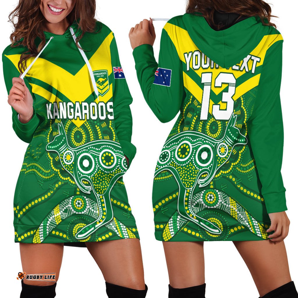 Custom Text and Number Australia Rugby Hoodie Dress Kangaroos Boomerang Aboriginal