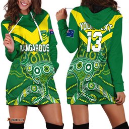 Custom Text and Number Australia Rugby Hoodie Dress Kangaroos Boomerang Aboriginal
