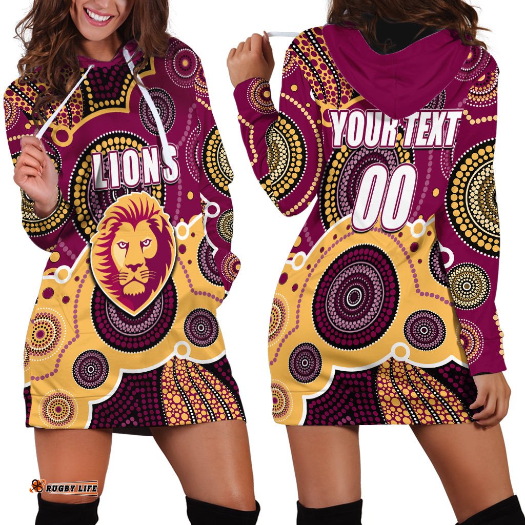 Custom Personalised And Number Lions AFL Hoodie Dress Aboriginal Patterns 06