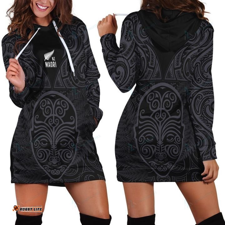 Aotearoa Hoodie Dress Maori Manaia Warrior Silver Fern