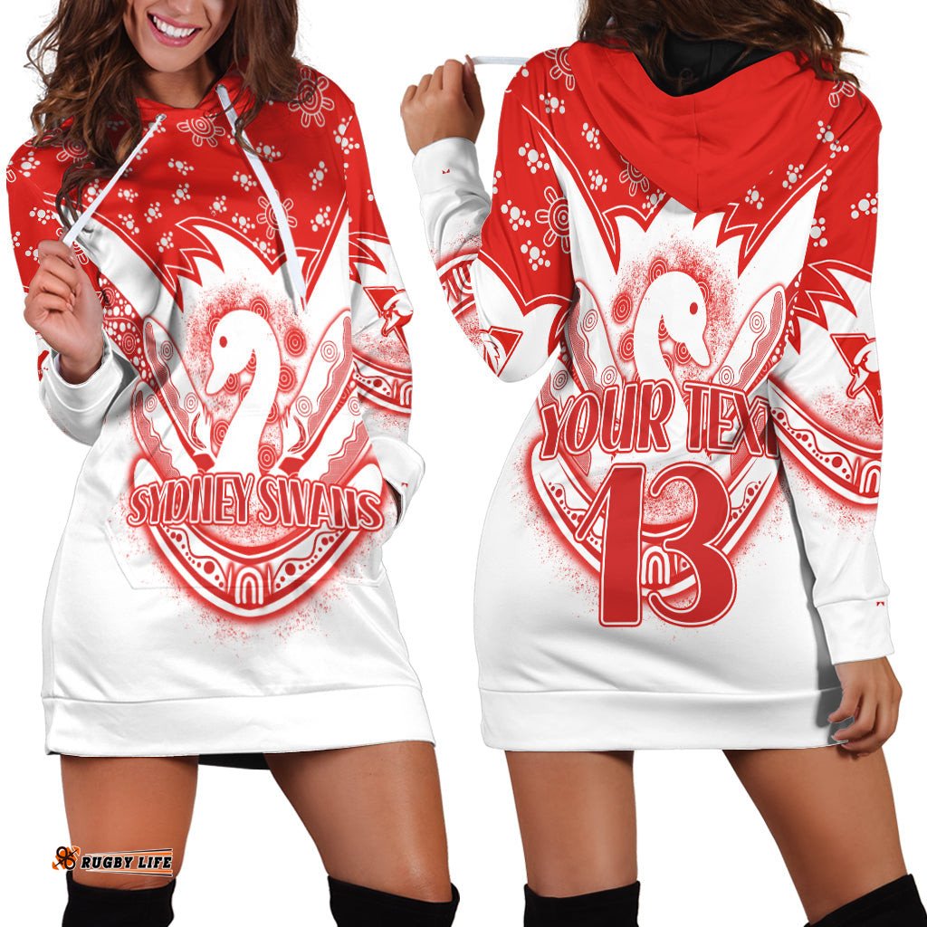 Custom Text and Number Swans Football Hoodie Dress Est 1874 Aboriginal Boomerang Sydney Bloods