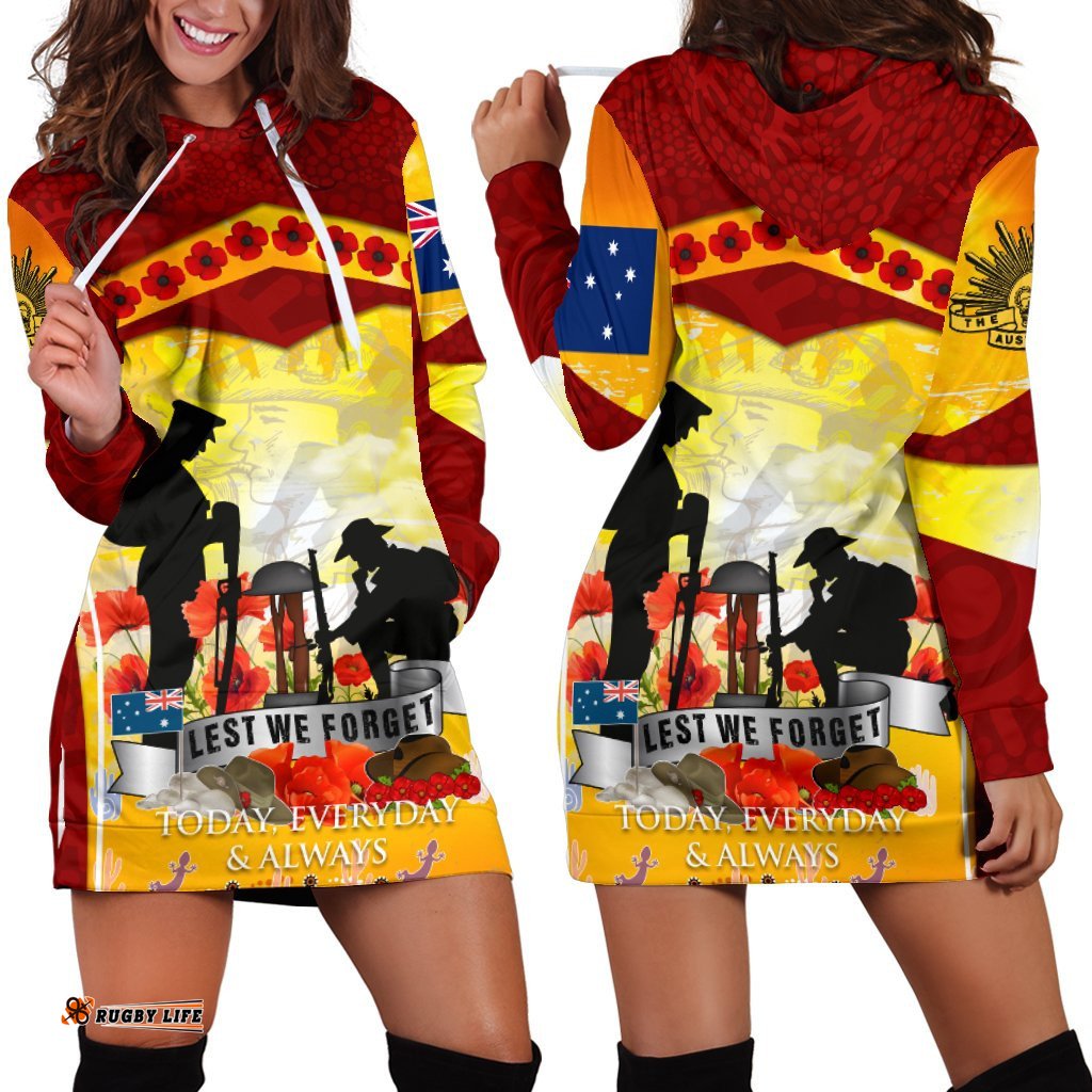 Anzac Women's Hoodie Dress- Lest We Forget Aboriginal Version