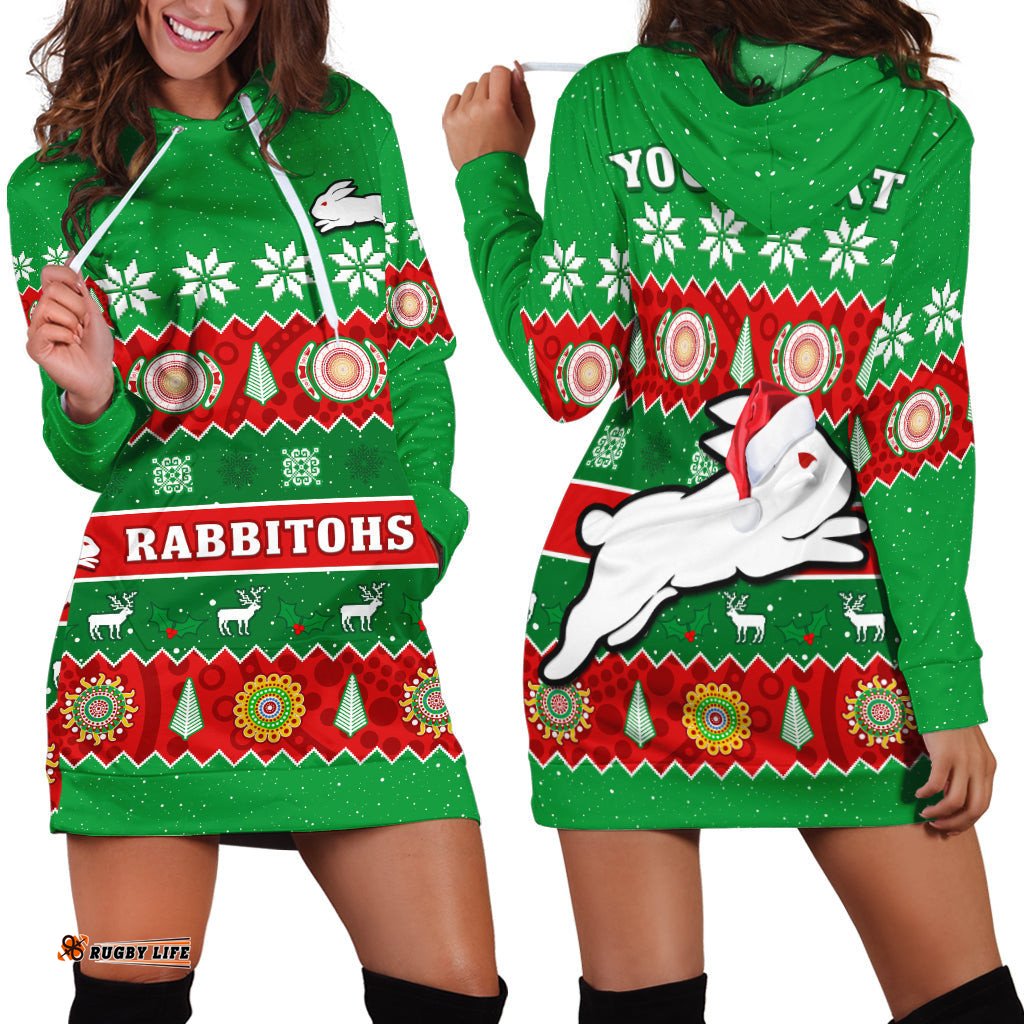 Custom Personalised Rabbitohs Christmas Hoodie Dress Souths Aboriginal Art Merry Xmas